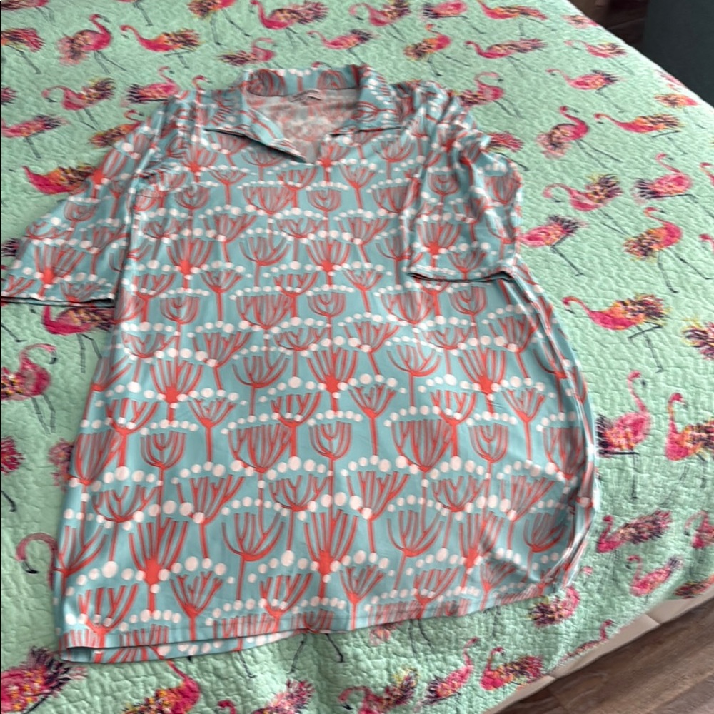 Floral Patterned 3/4 sleeve dress  in Blue and Coral